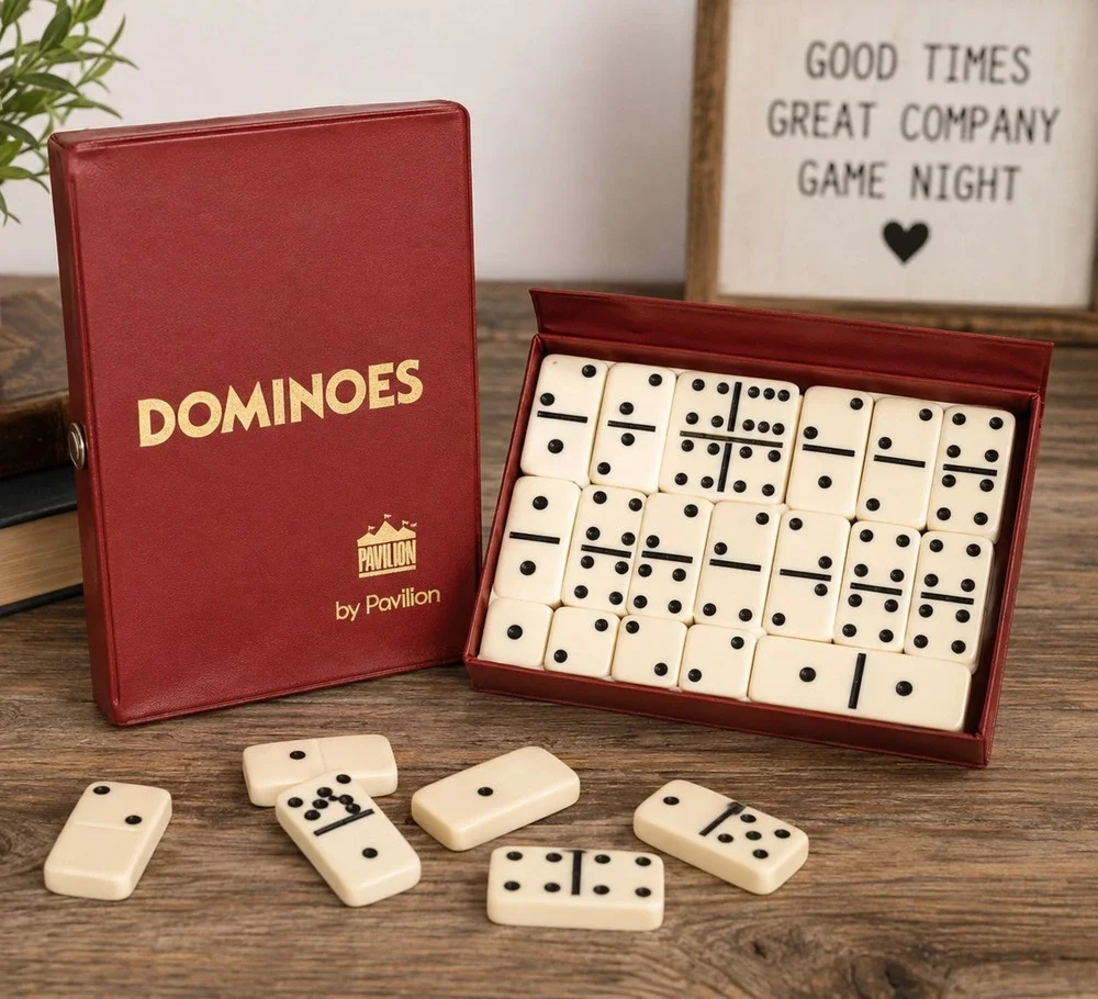 Vintage Pavilion Dominoes Set in Red Vinyl Case Ivory Black Double Six 28 Tiles